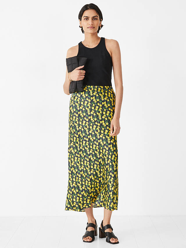 HUSH Simone Cherry Print Maxi Skirt, Yellow/Black
