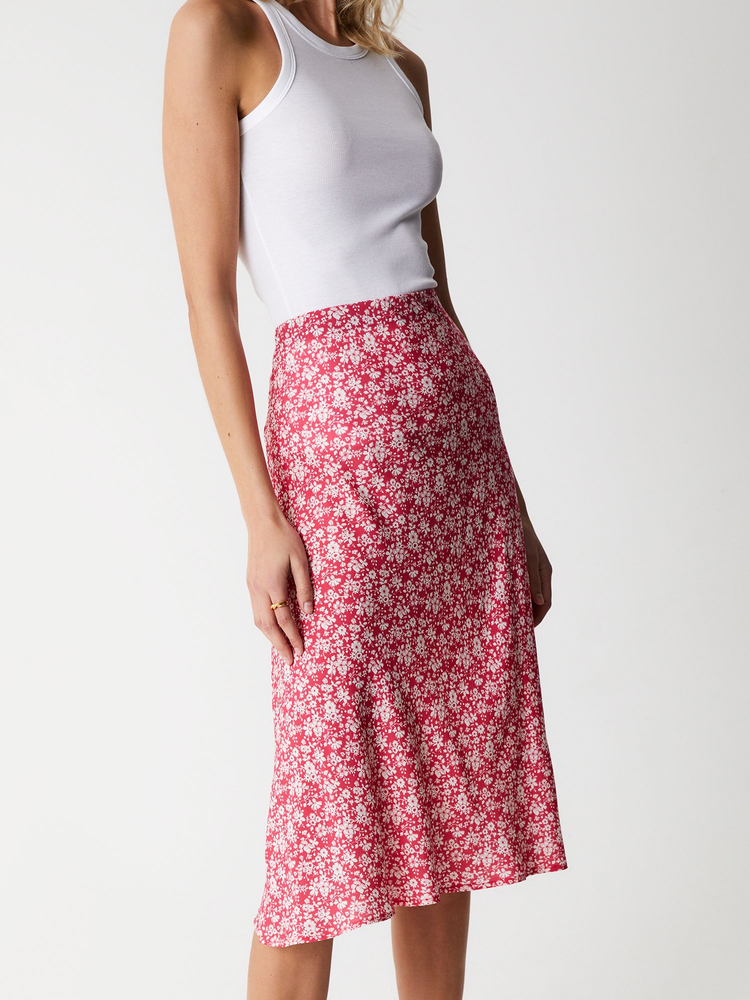 Finery Evelyn Satin Floral Print Slip Midi Skirt, Pink at John Lewis ...