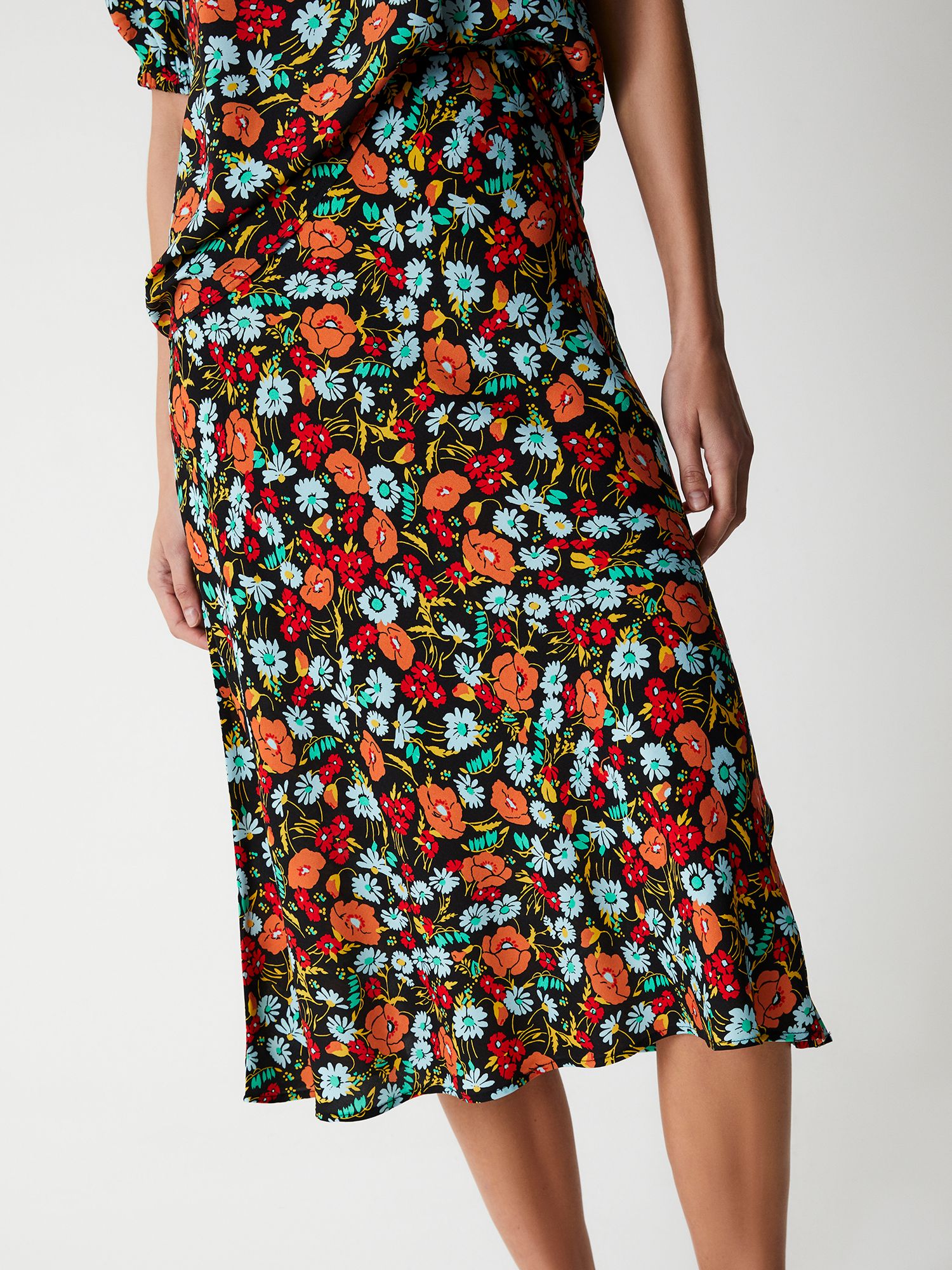 Finery Evelyn Classic Floral Print Midi Skirt, Black/Multi