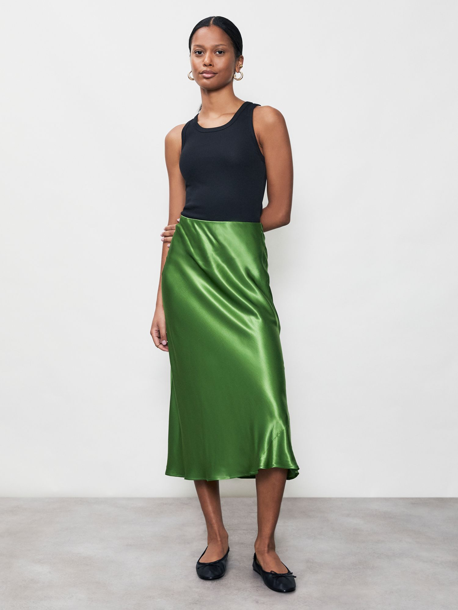 Finery Evelyn Satin Slip Midi Skirt, Green, 8