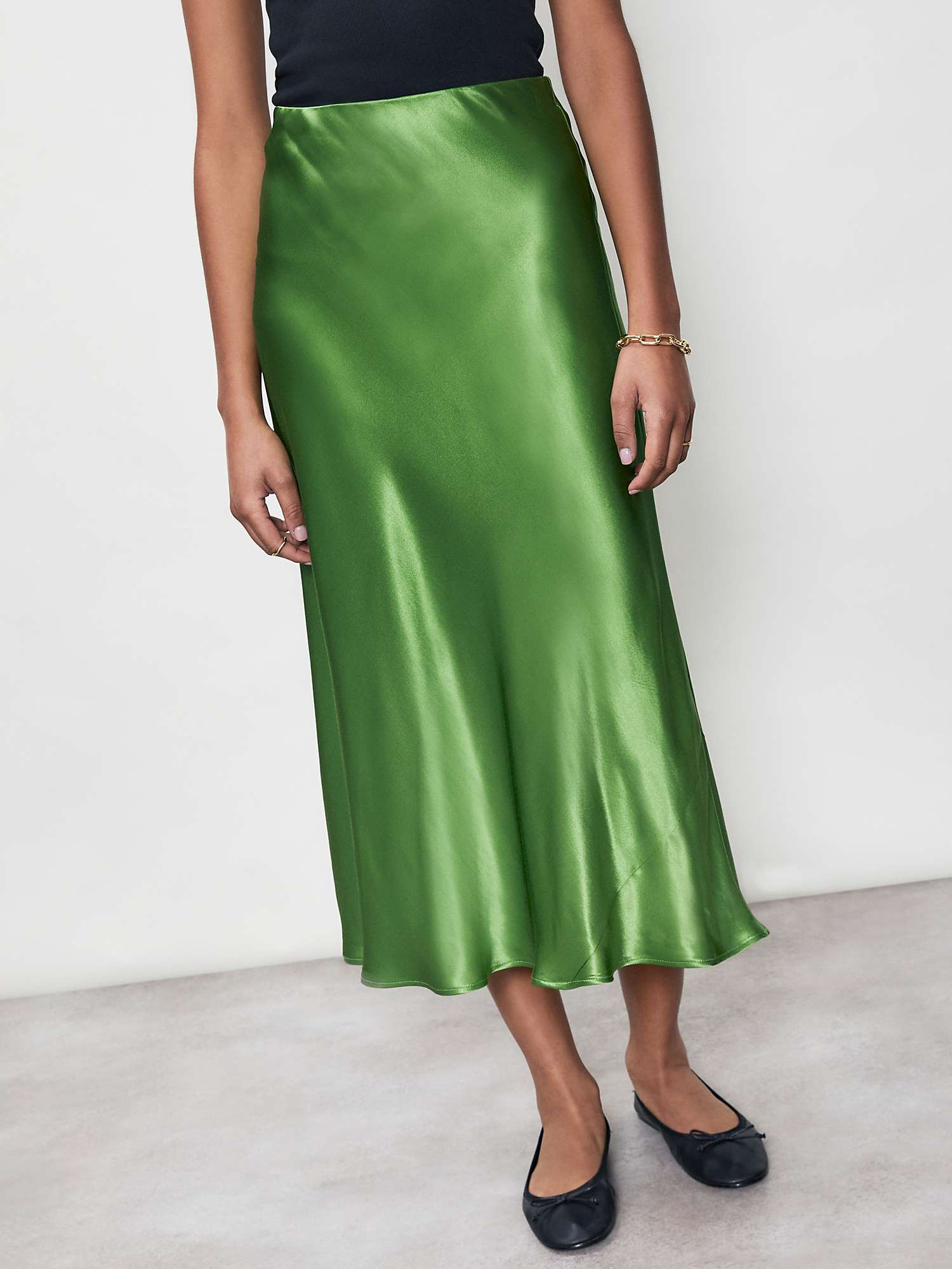 Finery Evelyn Satin Slip Midi Skirt, Green at John Lewis & Partners