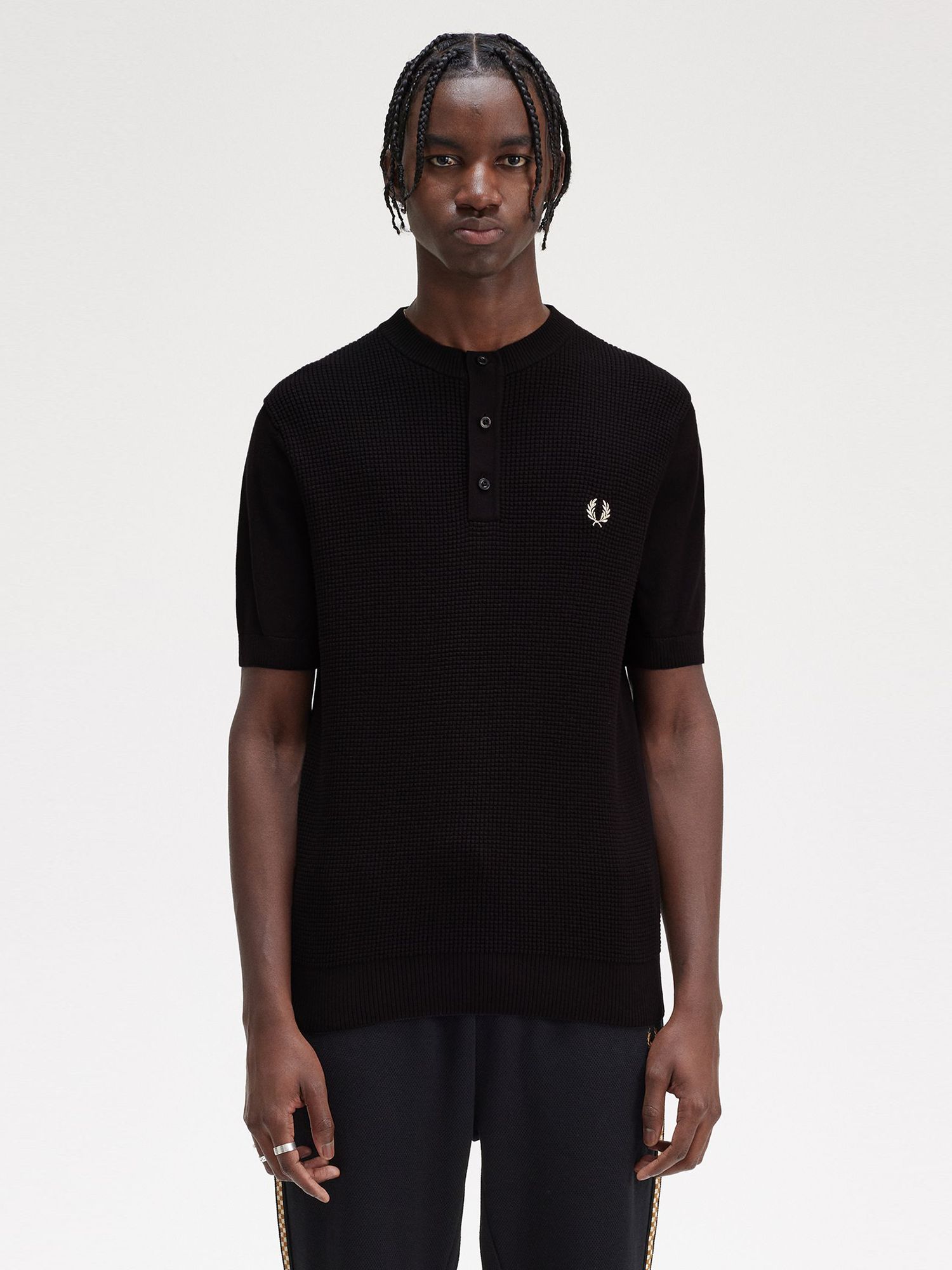 Fred Perry Waffled Textured Knit Henley Top, Black, S