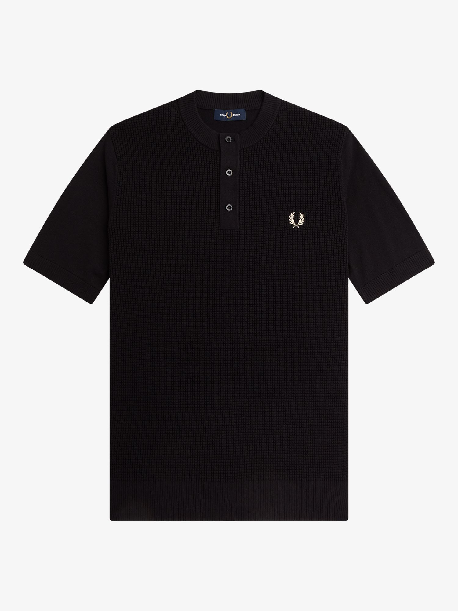 Fred Perry Waffled Textured Knit Henley Top, Black at John Lewis & Partners