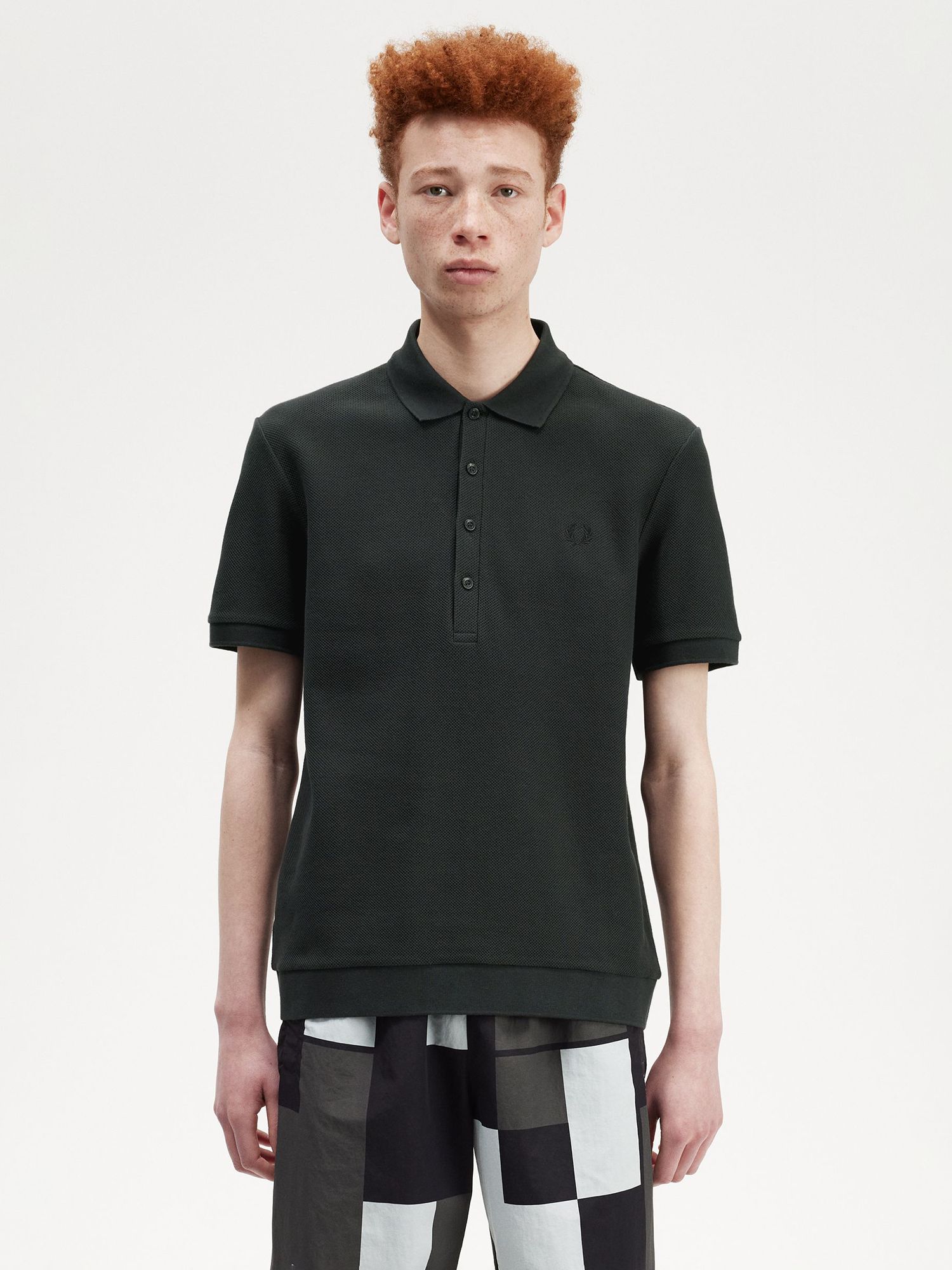 Fred Perry Honeycomb Cotton Polo Shirt, Night Green at John Lewis ...