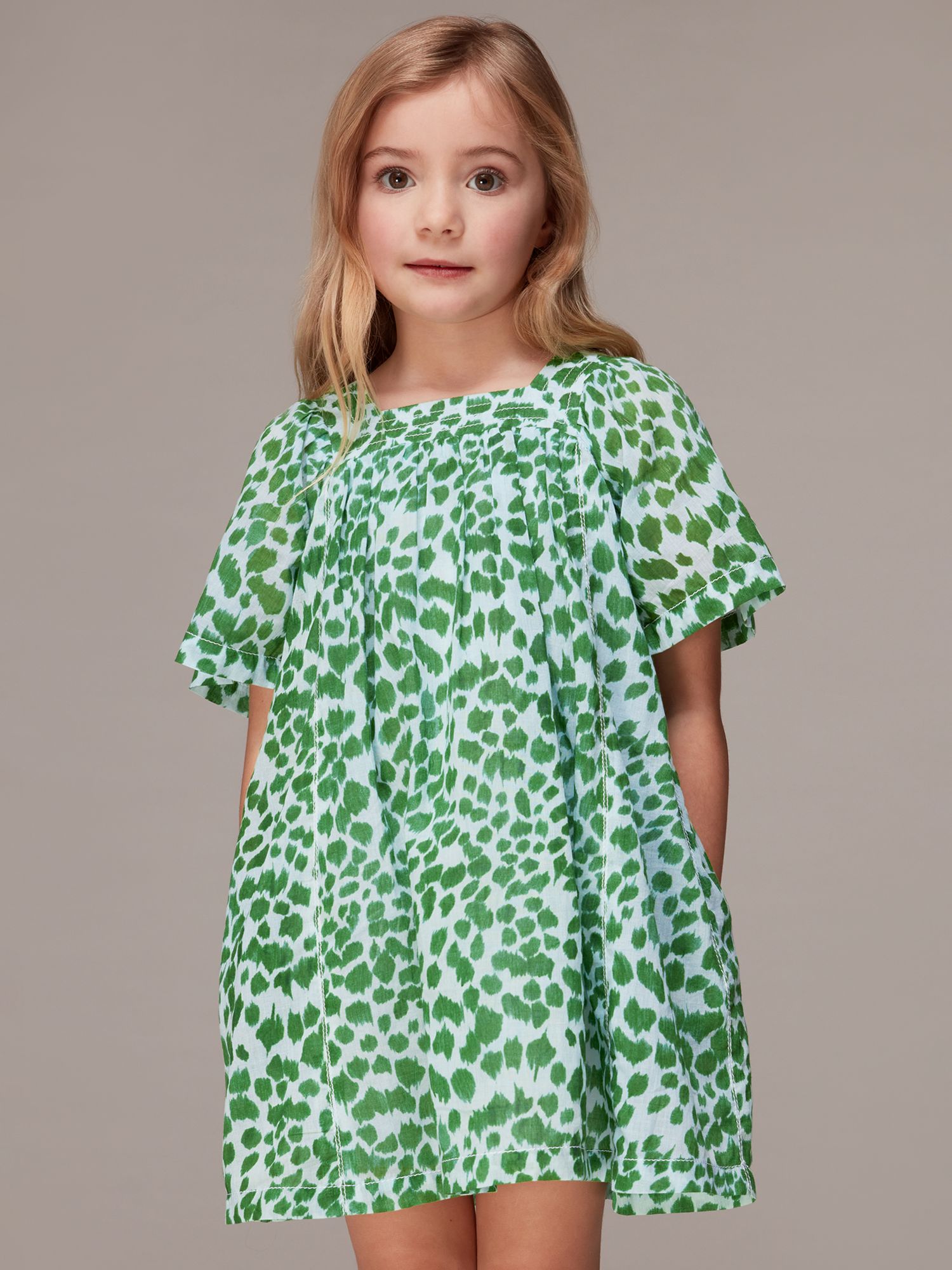 Whistles Kids' Leopard Print Cotton Trapeze Dress, Green/Multi, 4-5 years