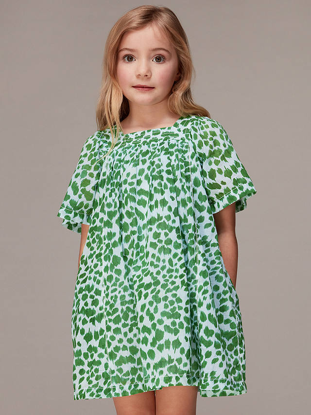 Whistles Kids' Leopard Print Cotton Trapeze Dress, Green/Multi