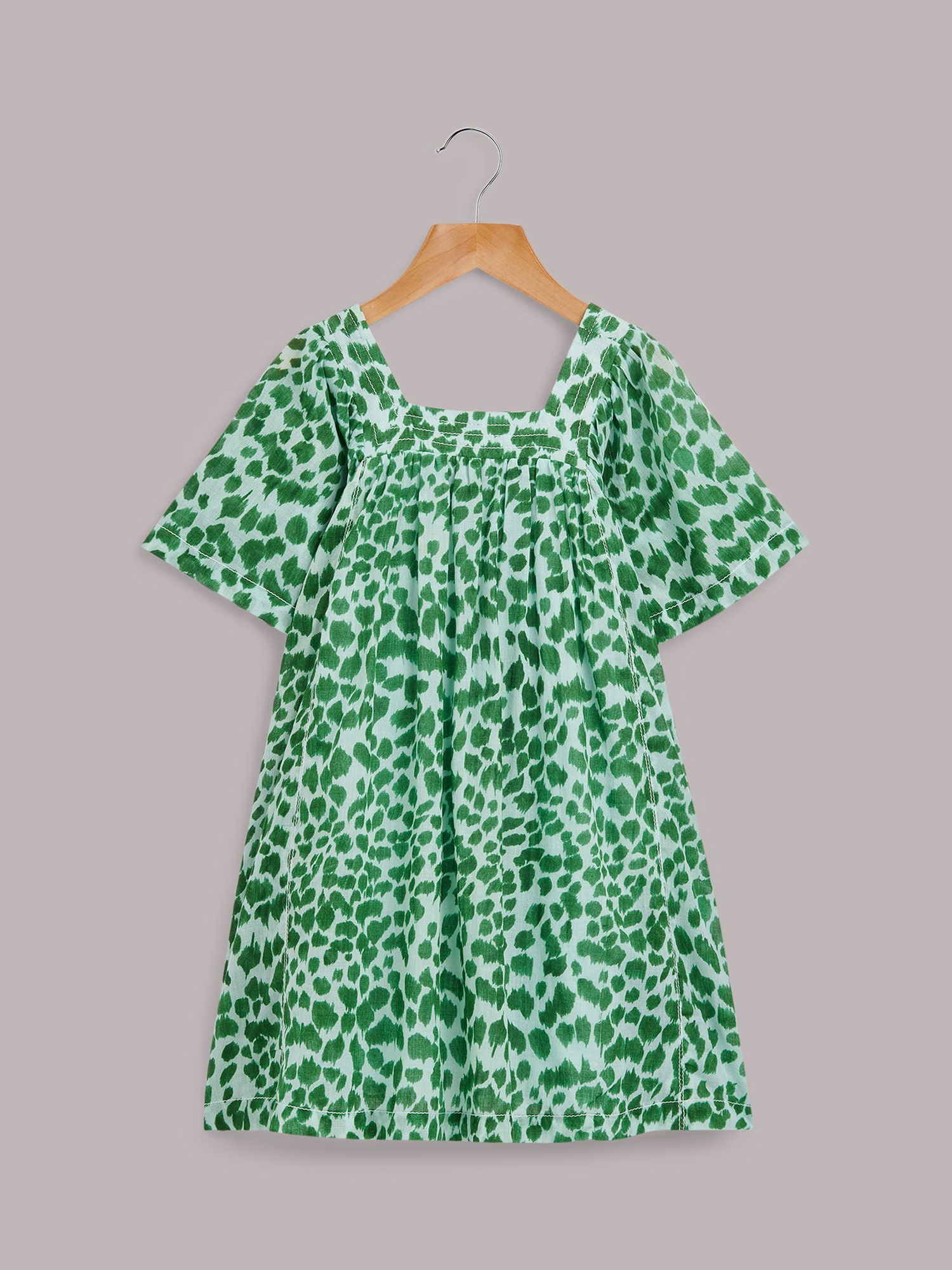Whistles Kids' Leopard Print Cotton Trapeze Dress, Green/Multi, 4-5 years