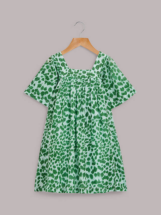 Whistles Kids' Leopard Print Cotton Trapeze Dress, Green/Multi