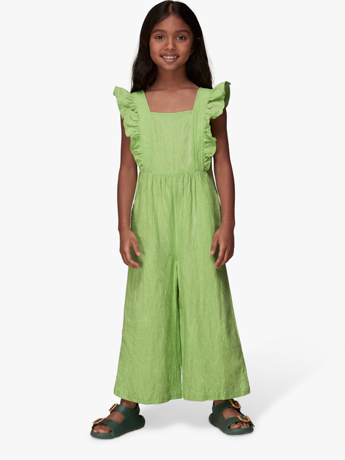 Whistles Kids' Meg Linen Blend Jumpsuit, Green, 7-8 years