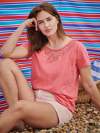 Crew Clothing Iona Lace Panel Top Blue, Rose Pink