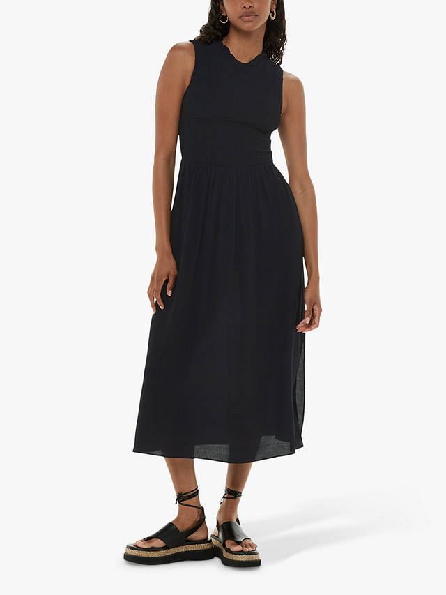 Whistles Heidi Shirred Bodice Midi Dress, Black at John Lewis & Partners