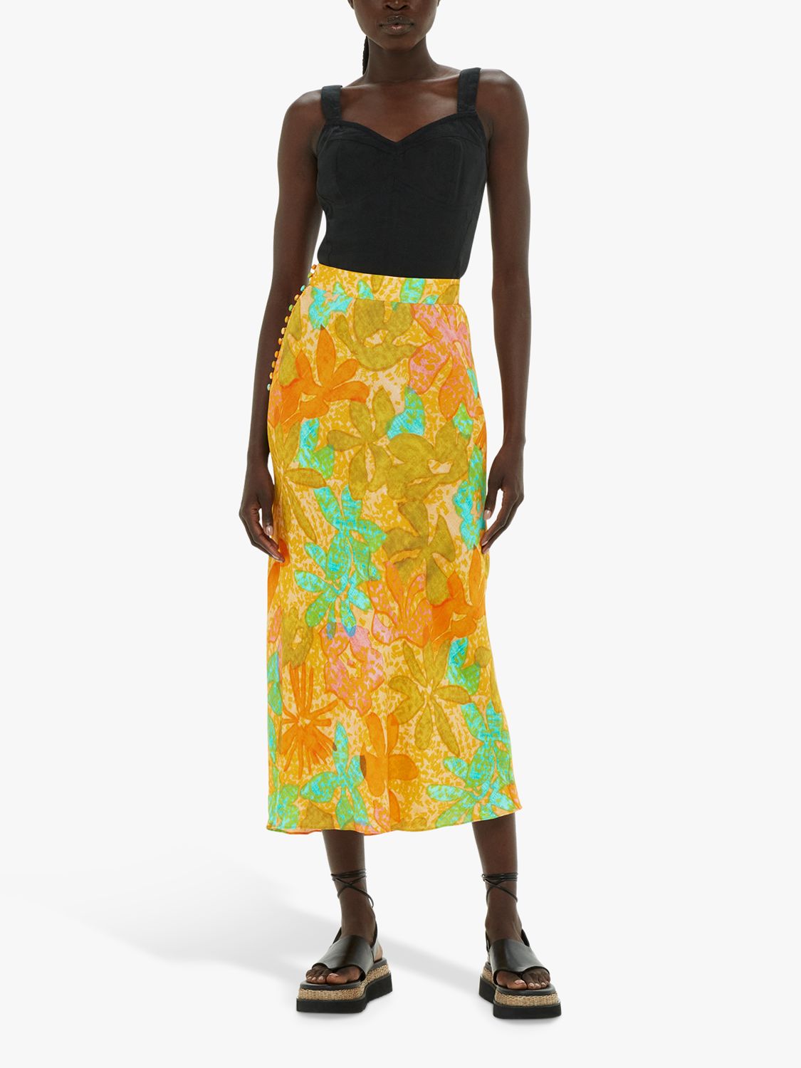 Whistles Palm Floral Side Button Midi Skirt, Multi at John Lewis & Partners