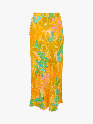 Whistles Palm Floral Side Button Midi Skirt, Multi