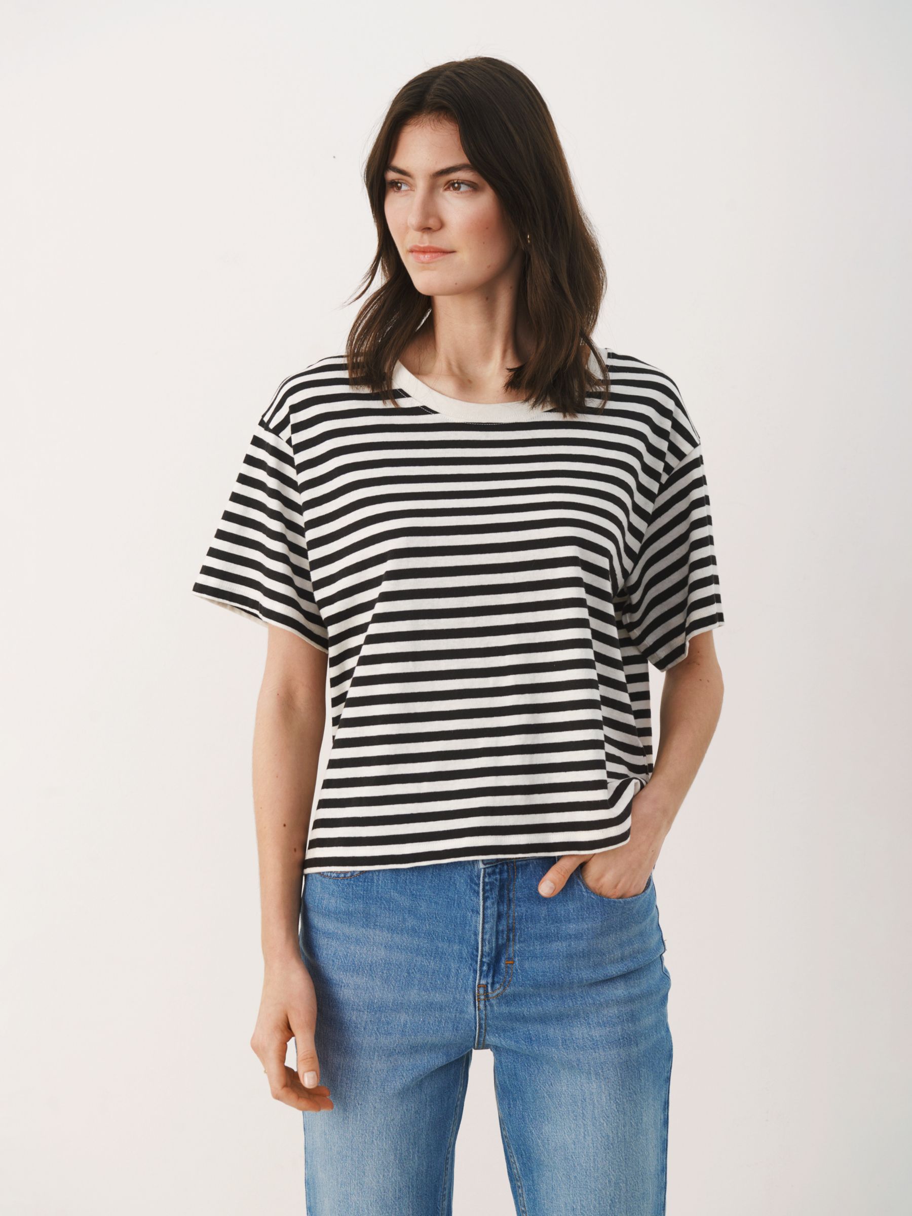 Part Two Betsey Stripe Cotton Linen T-Shirt, Black Stripe at John Lewis ...