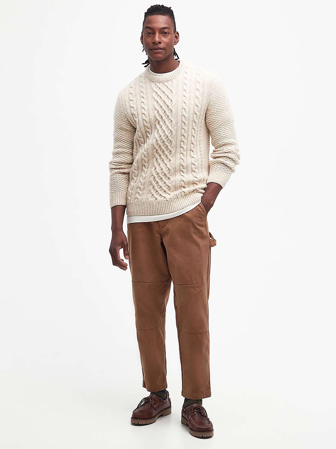 Barbour Tomorrow's Archive Conrad Cable Knit Wool Jumper, Ecru at John ...