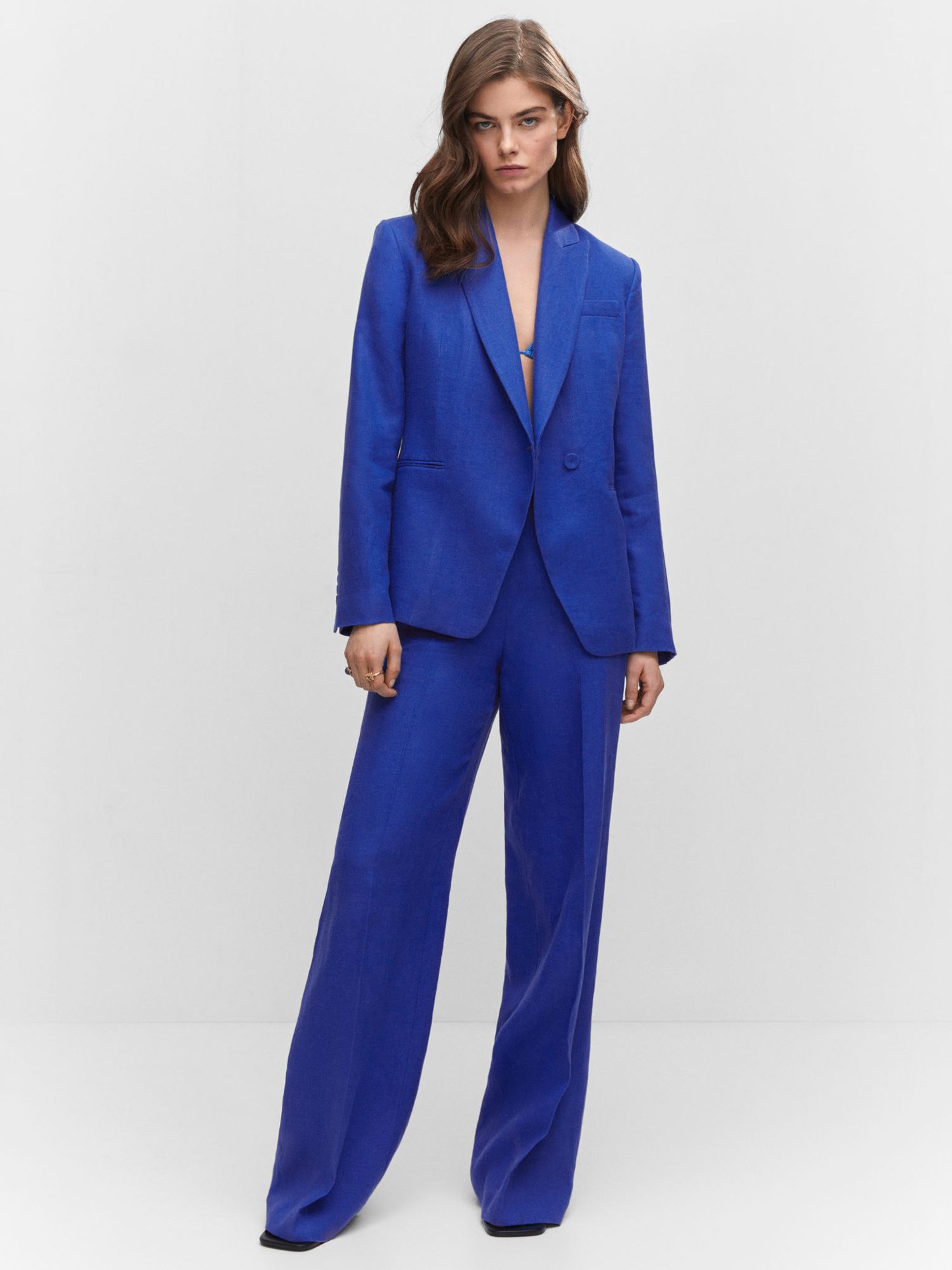 Mango Linet Linen Blazer, Medium Blue at John Lewis & Partners