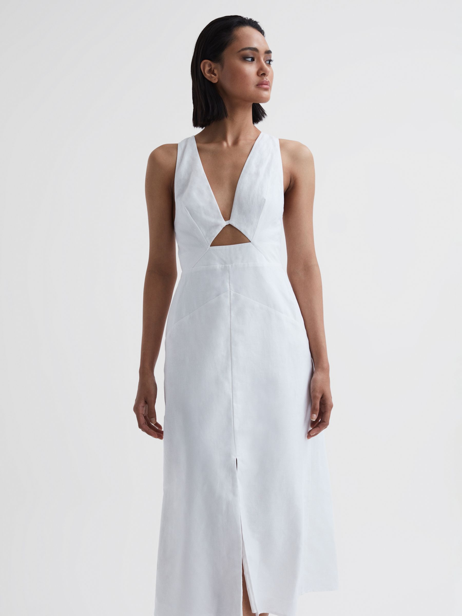 Reiss Rhoda Cut Out Linen Blend Midi Dress, Ivory at John Lewis & Partners