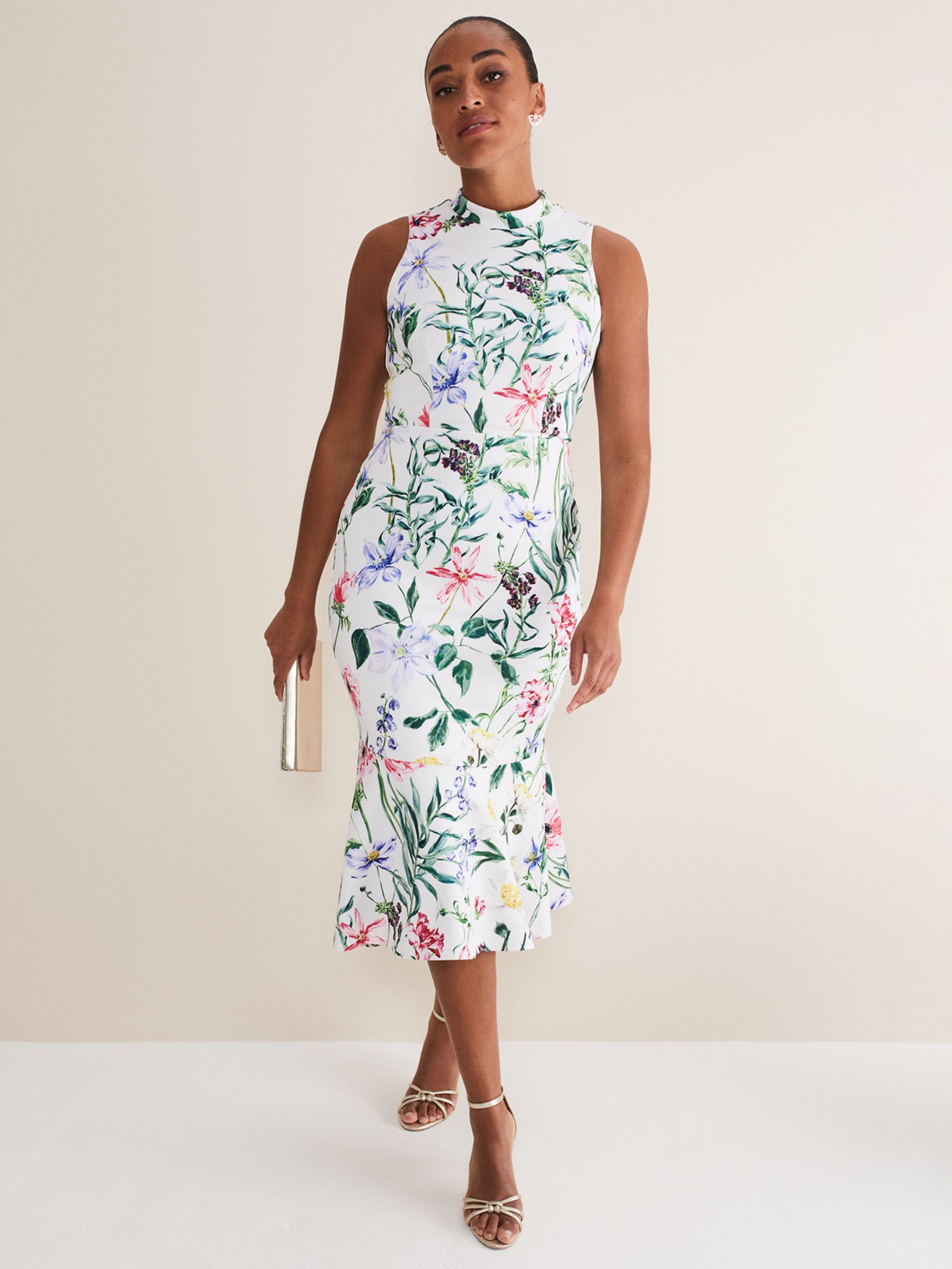 Phase Eight Tina Floral Midi Dress, White/Multi at John Lewis & Partners