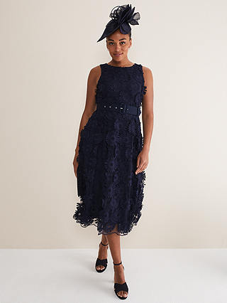 Phase Eight Flossy Lace Midi Dress, Navy