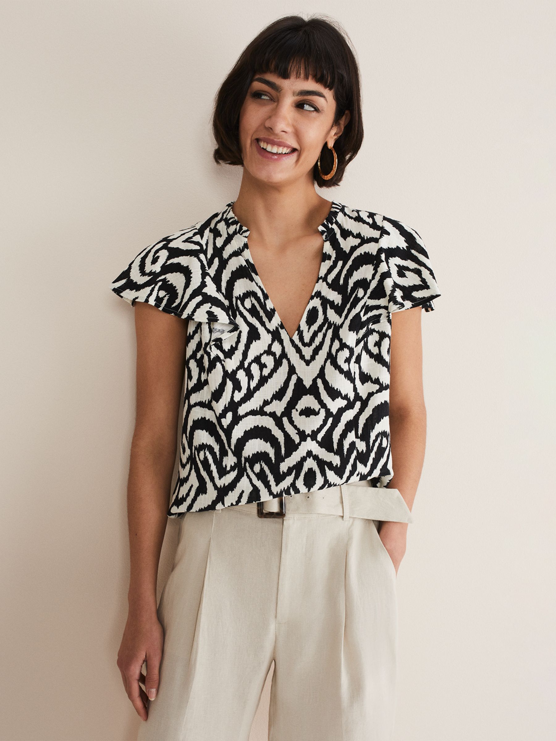 Phase Eight Dalia Abstract Top, Black/Ivory at John Lewis & Partners