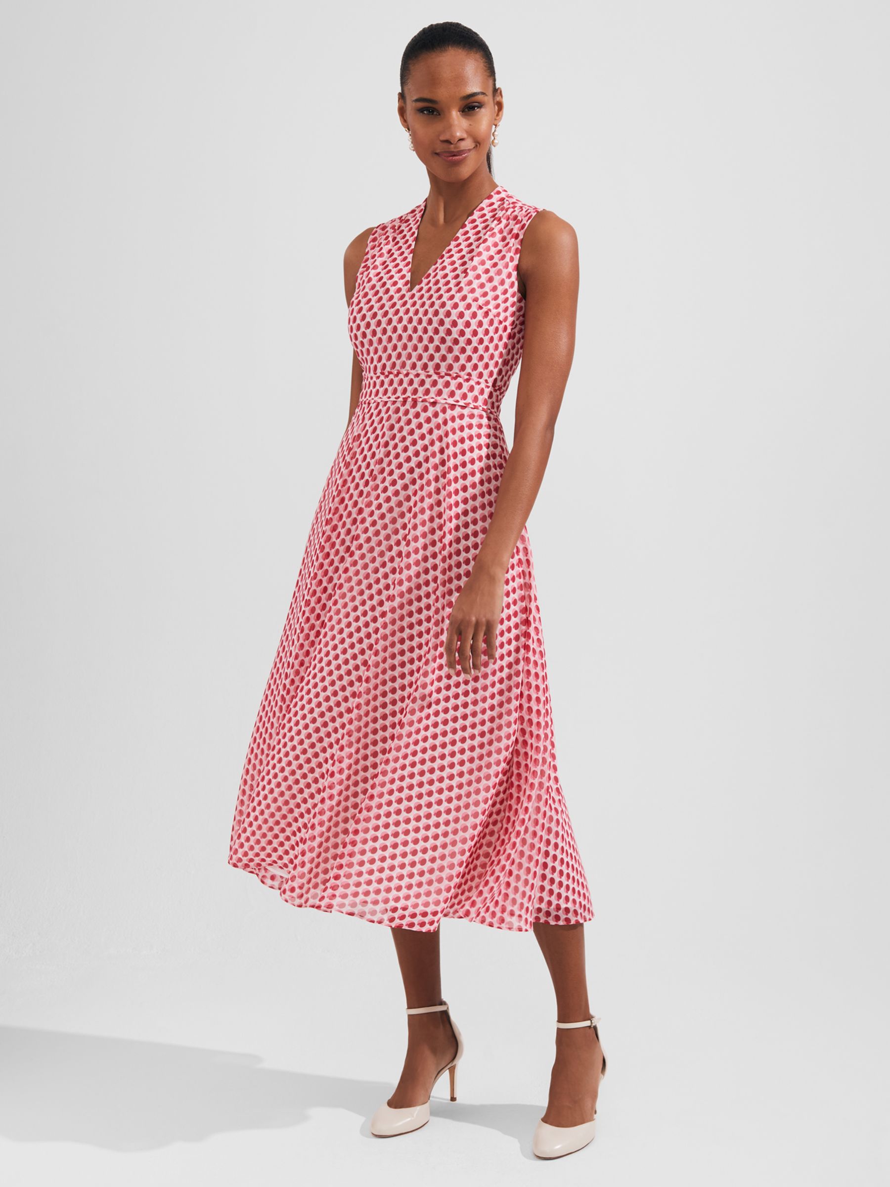 Hobbs Lucy Geometric Spot Print Midi Dress, Pink/Multi, 10