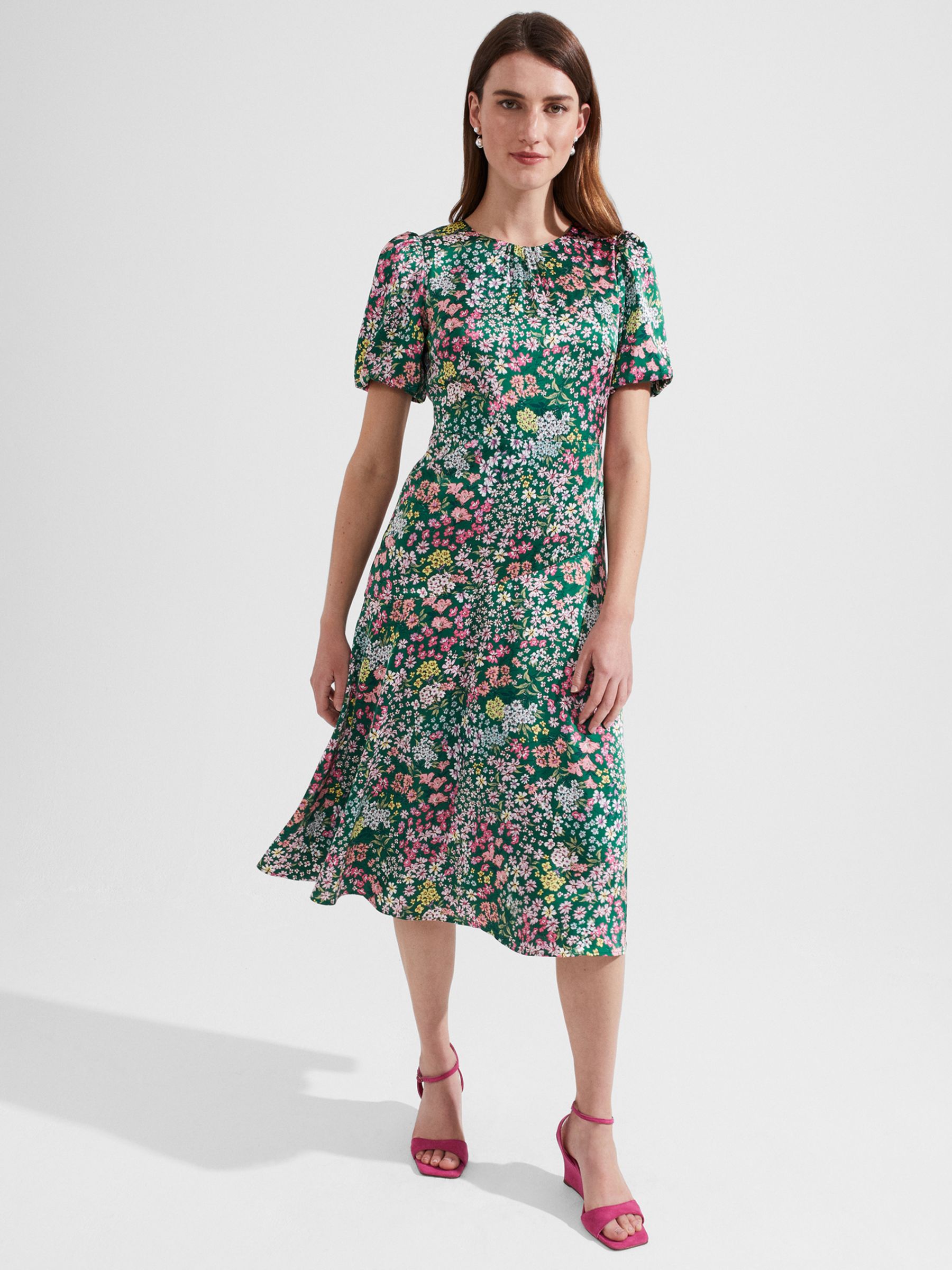 Hobbs Christina Midi Floral Dress, Green/Multi at John Lewis & Partners