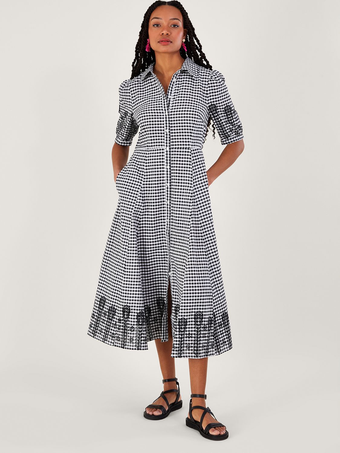 Monsoon Gingham Midi Shirt Dress, Black, 8