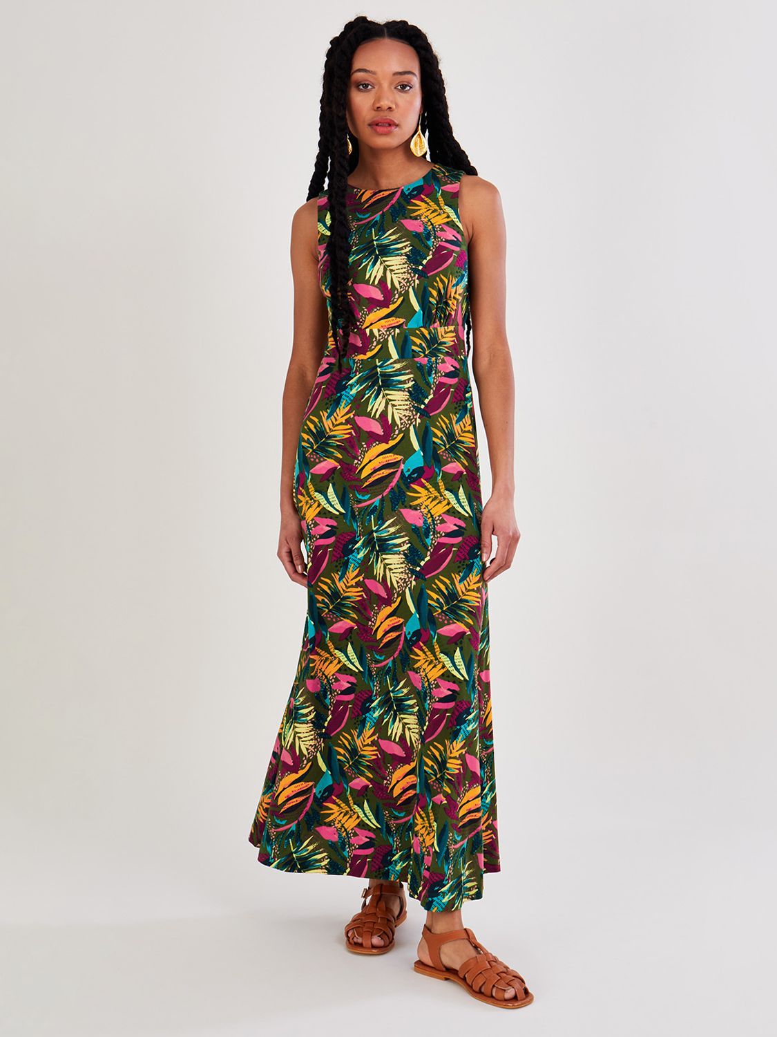 Monsoon Palm Print Cut Out Back Maxi Dress, Khaki at John Lewis & Partners