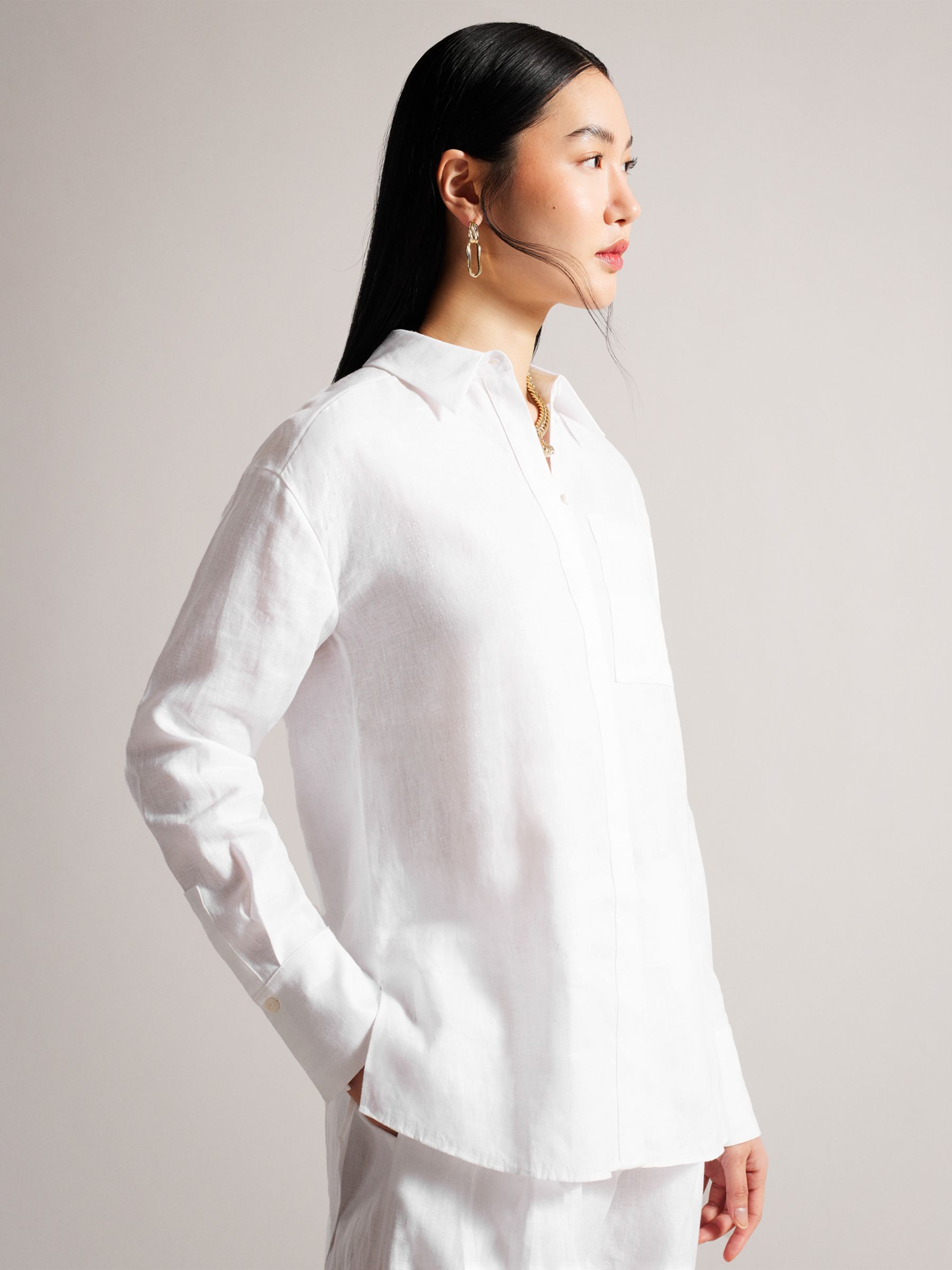 Ted Baker Dorahh Longline Linen Shirt, White at John Lewis & Partners