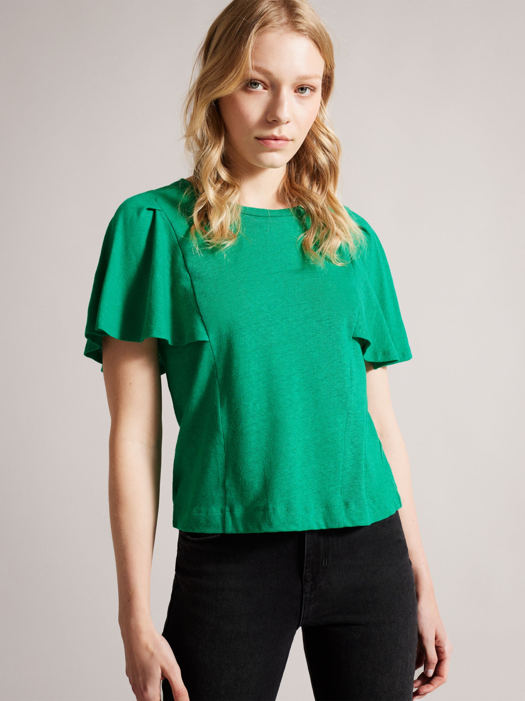 Ted Baker Hallenn Angle Sleeve Linen T-Shirt, Green, 10