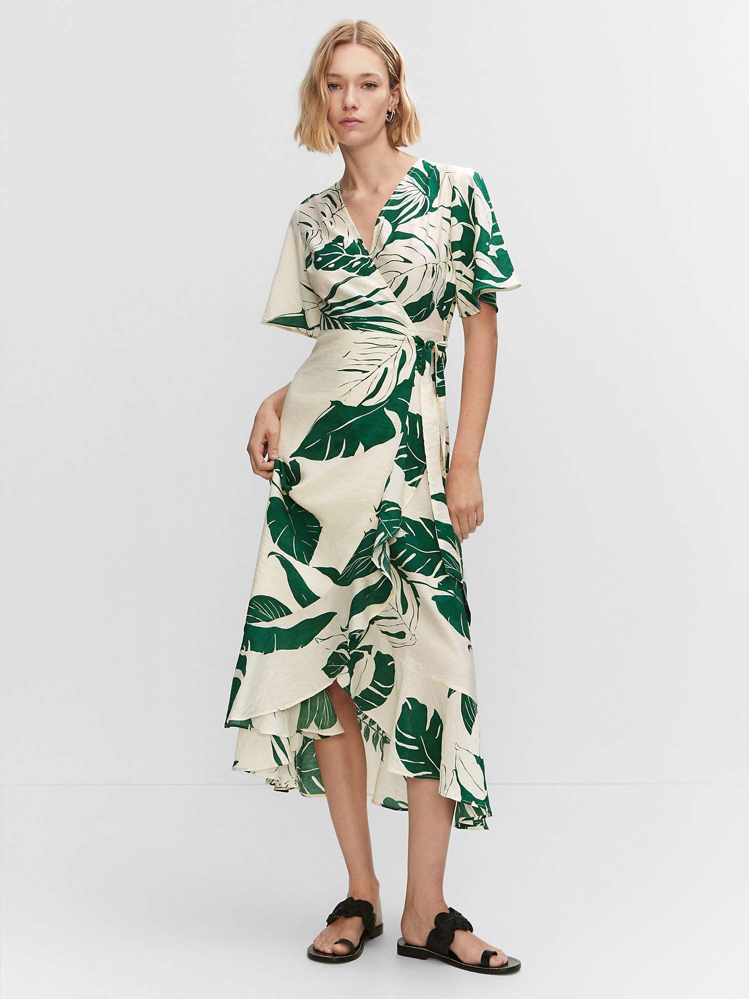 Mango Baras Leaf Print Wrap Dress, White at John Lewis & Partners