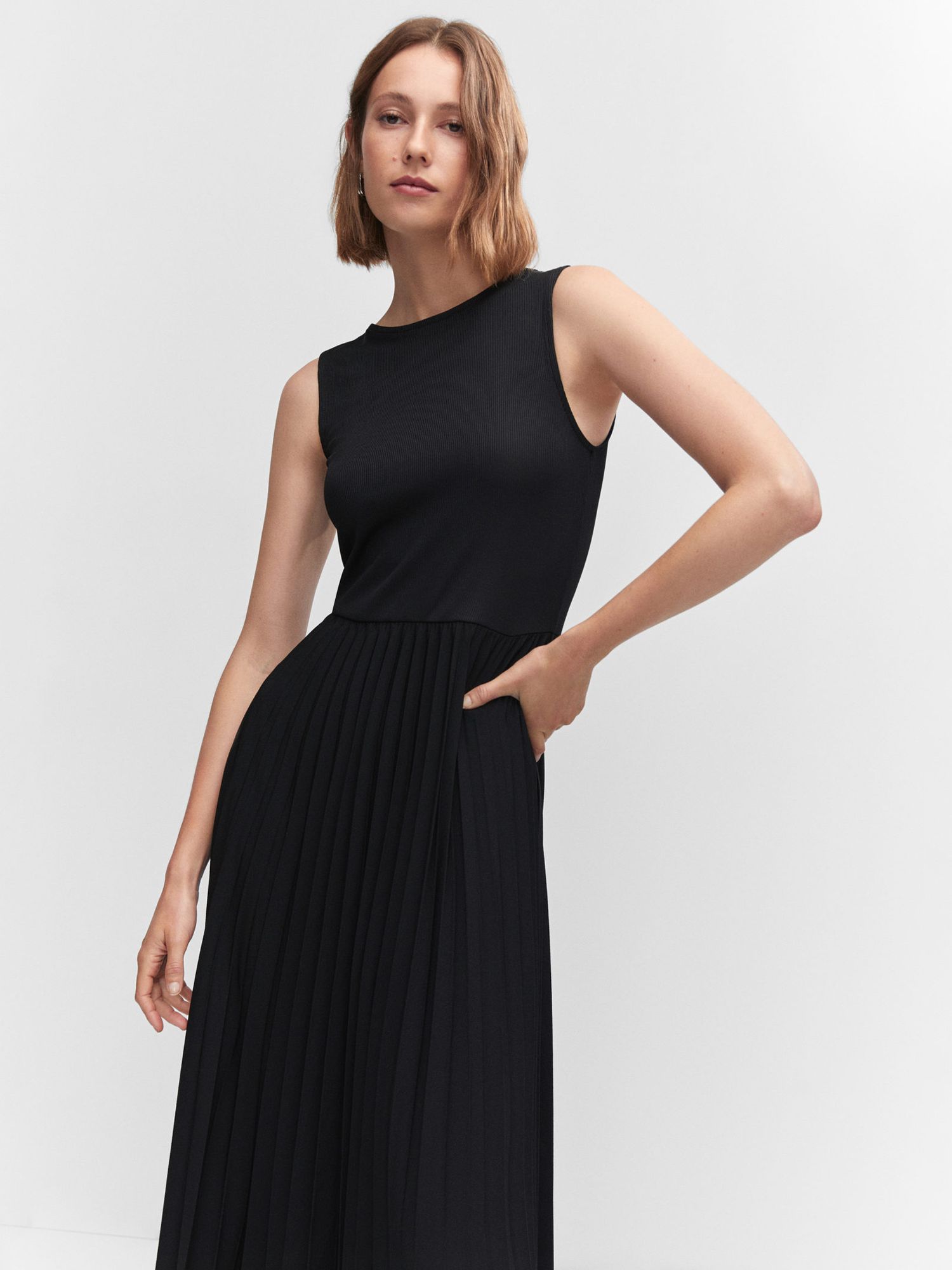 Mango Calderaa Plain Pleat Dress, Black at John Lewis & Partners