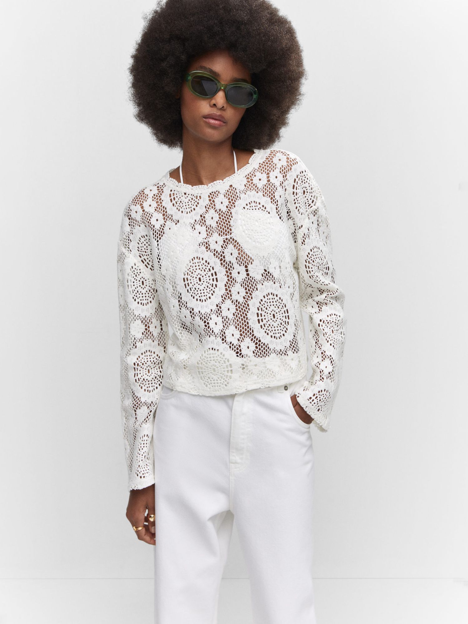 Mango Morell Embroidered Openwork Tee, White at John Lewis & Partners