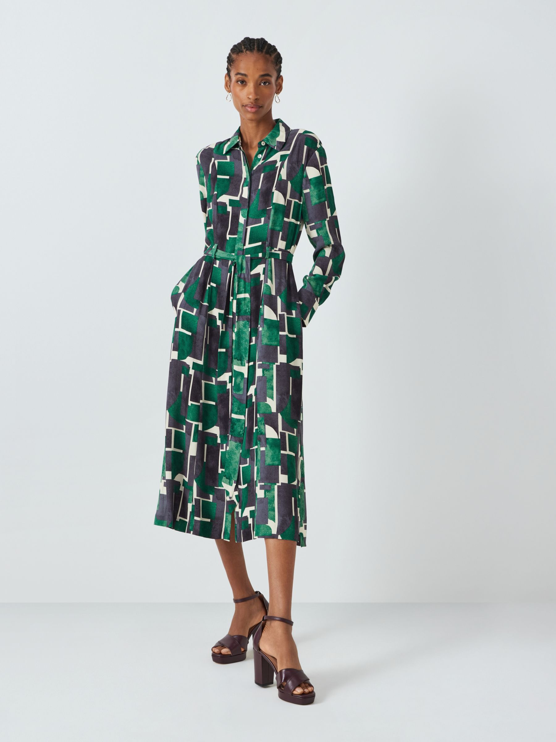 John Lewis Geometric Print Shirt Dress, Green/Multi, 8