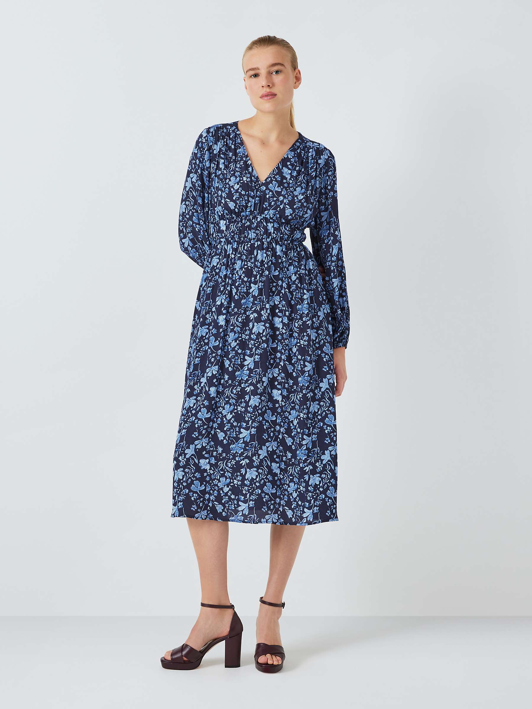 Buy John Lewis Gathered Floral Midi Dress, Blue/Multi Online at johnlewis.com