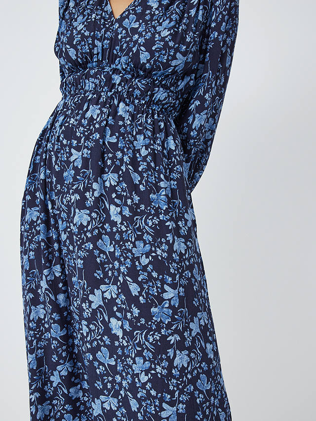 John Lewis Gathered Floral Midi Dress, Blue/Multi