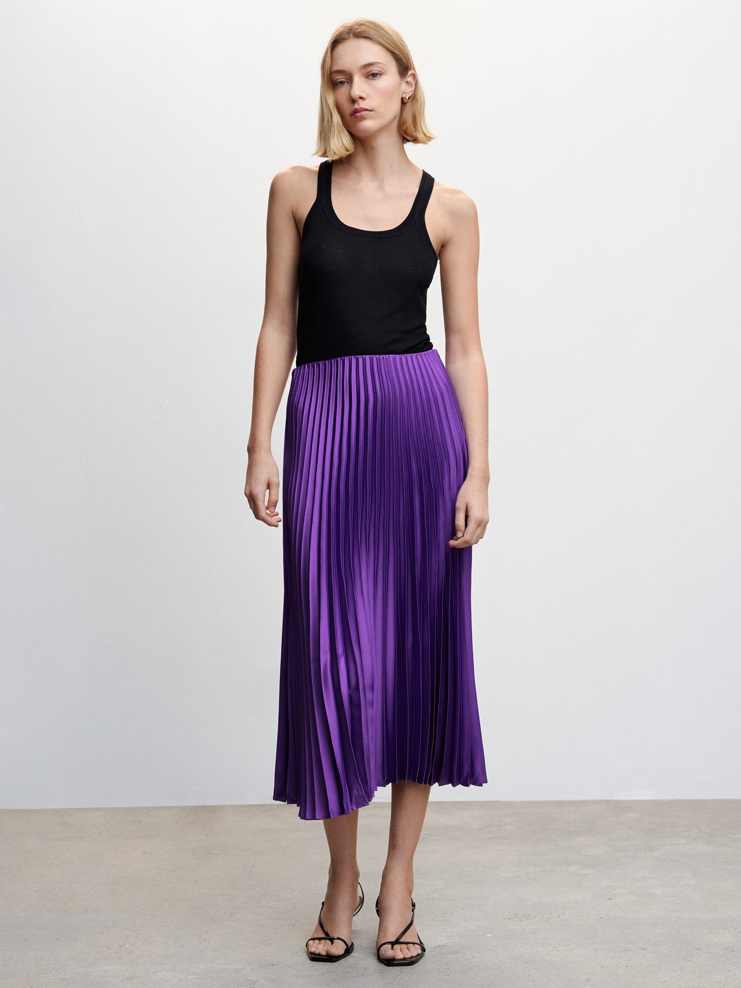 Mango Satin Pleated Midi Skirt Purple At John Lewis And Partners 5264