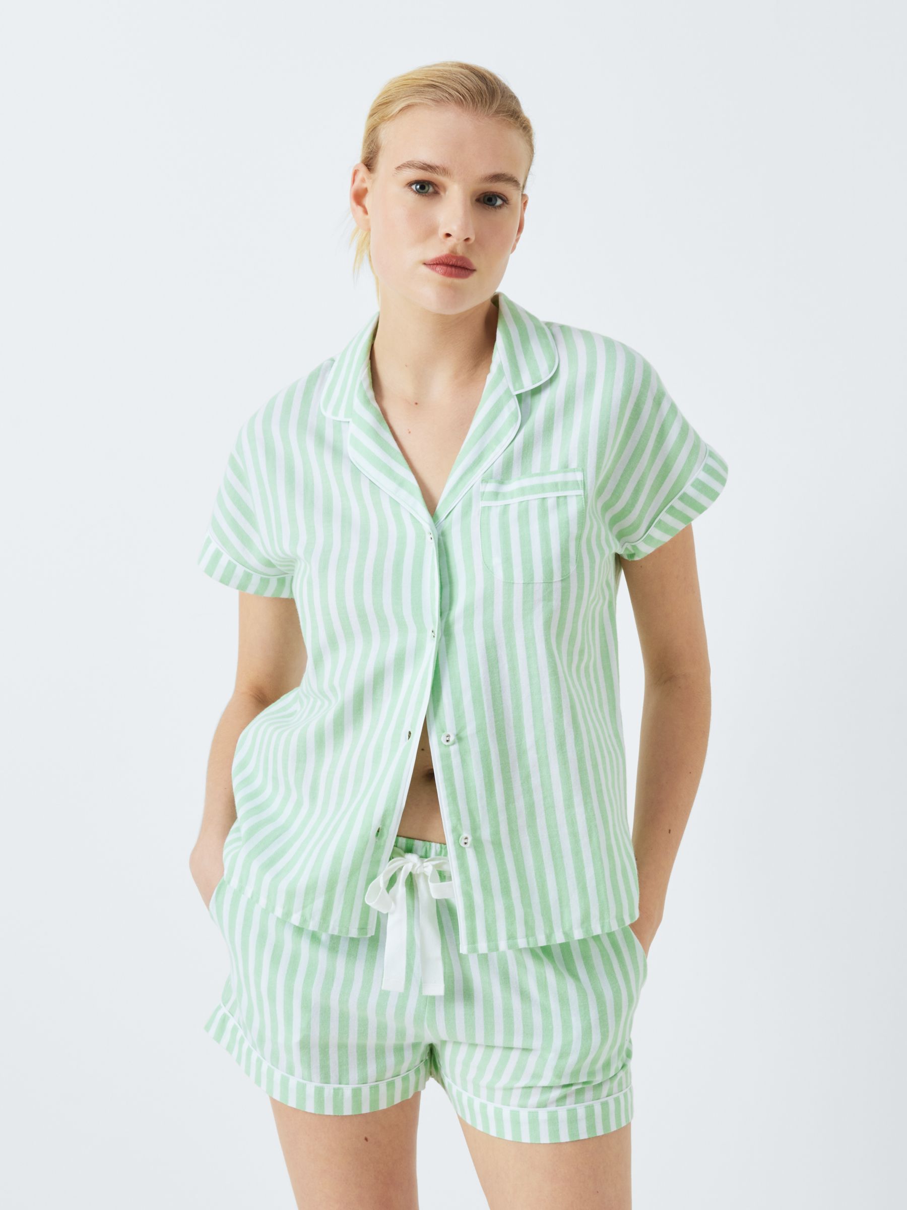 John Lewis Luna Stripe Shirt Shorty Pyjama Set, Pistachio, 16