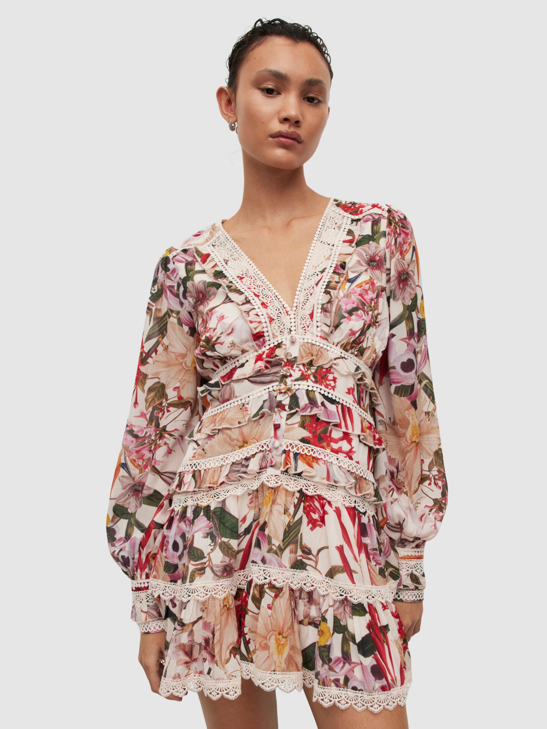 AllSaints Zora Leondra Floral Dress, Pearl/Multi at John Lewis & Partners