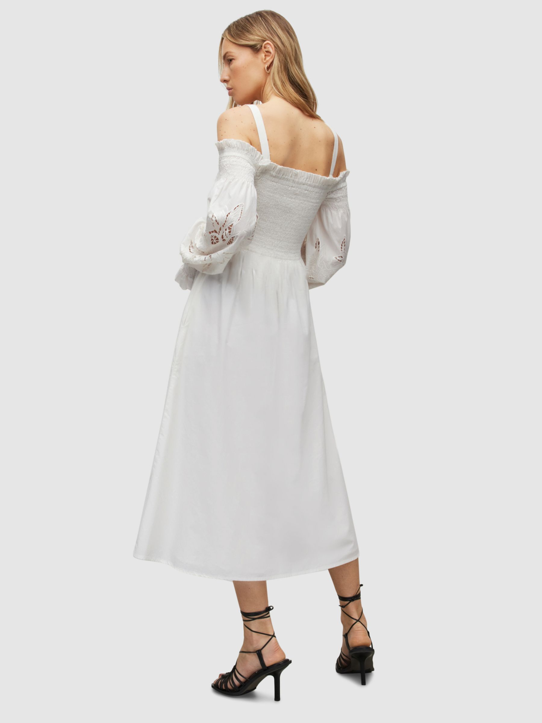 AllSaints Launa Shirred Broderie Dress, Chalk White at John Lewis ...