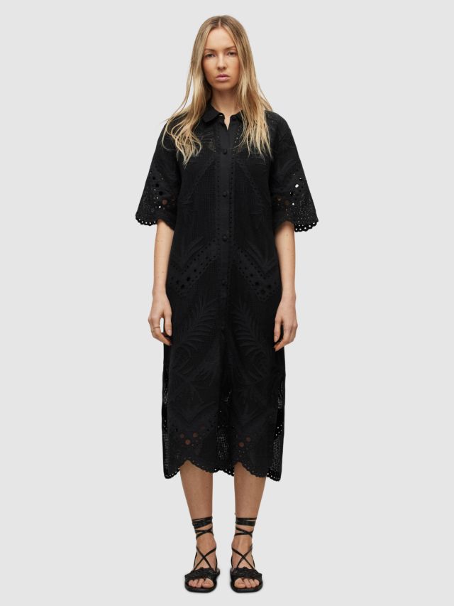 AllSaints Meria Broderie Midi Shirt Dress, Black, 4