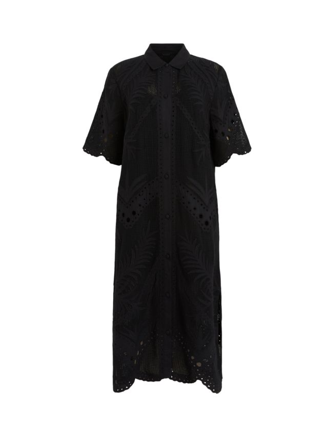 AllSaints Meria Broderie Midi Shirt Dress, Black, 4