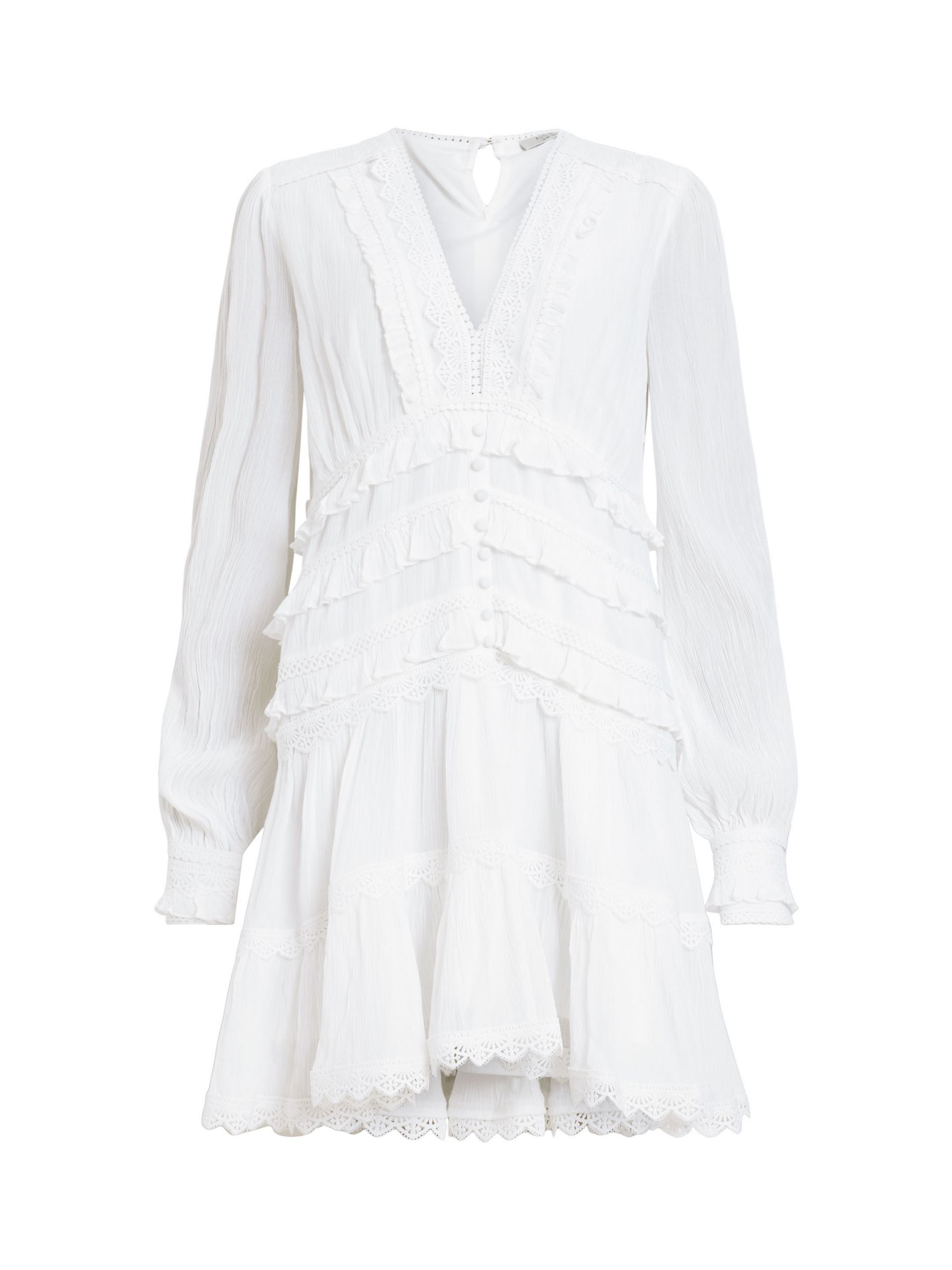 AllSaints Zora Lace Trim Tiered Mini Dress, Chalk White, 10
