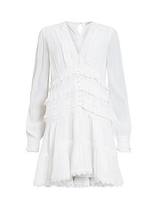 AllSaints Zora Lace Trim Tiered Mini Dress, Chalk White