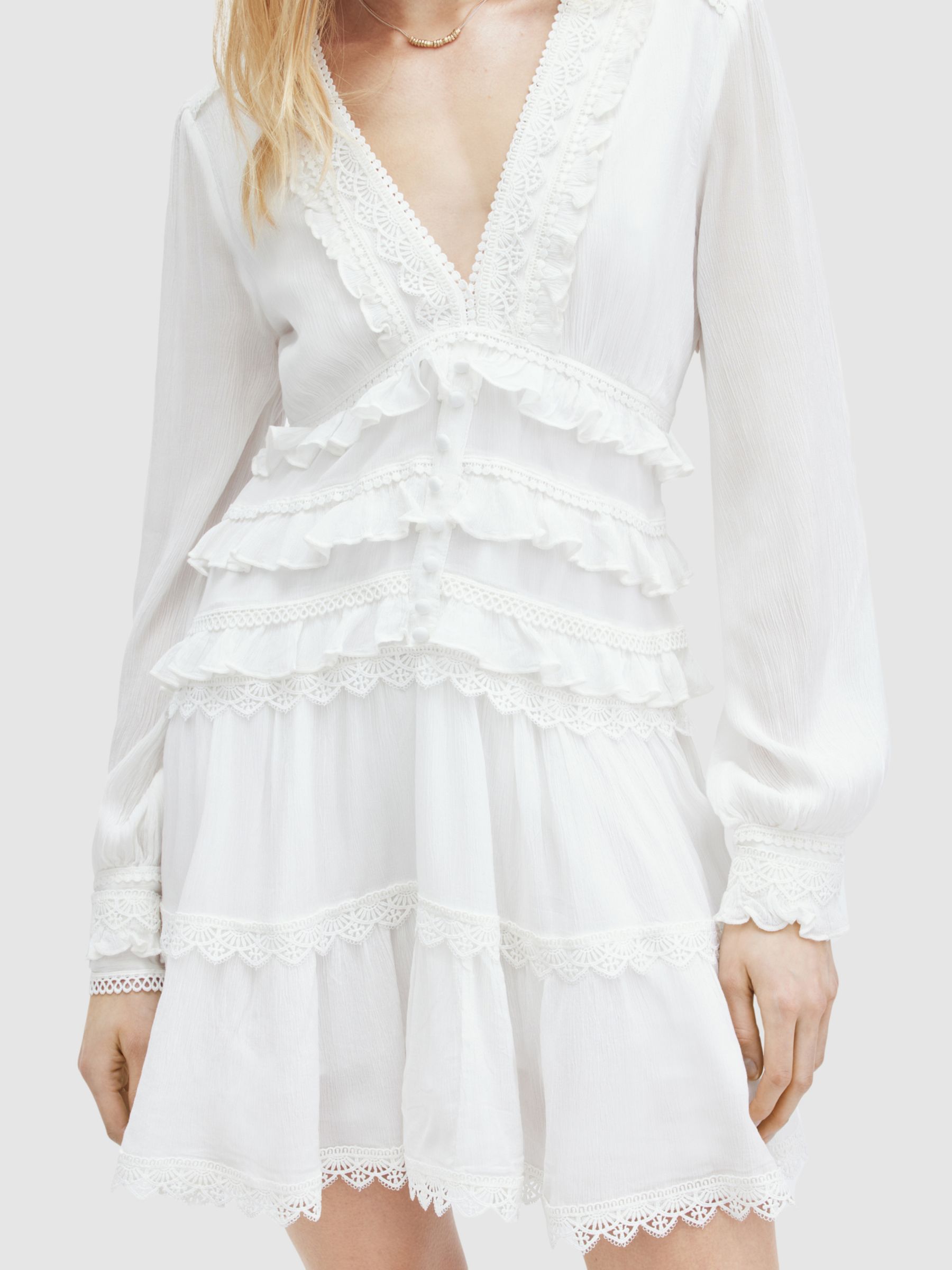 AllSaints Zora Lace Trim Tiered Mini Dress, Chalk White, 10