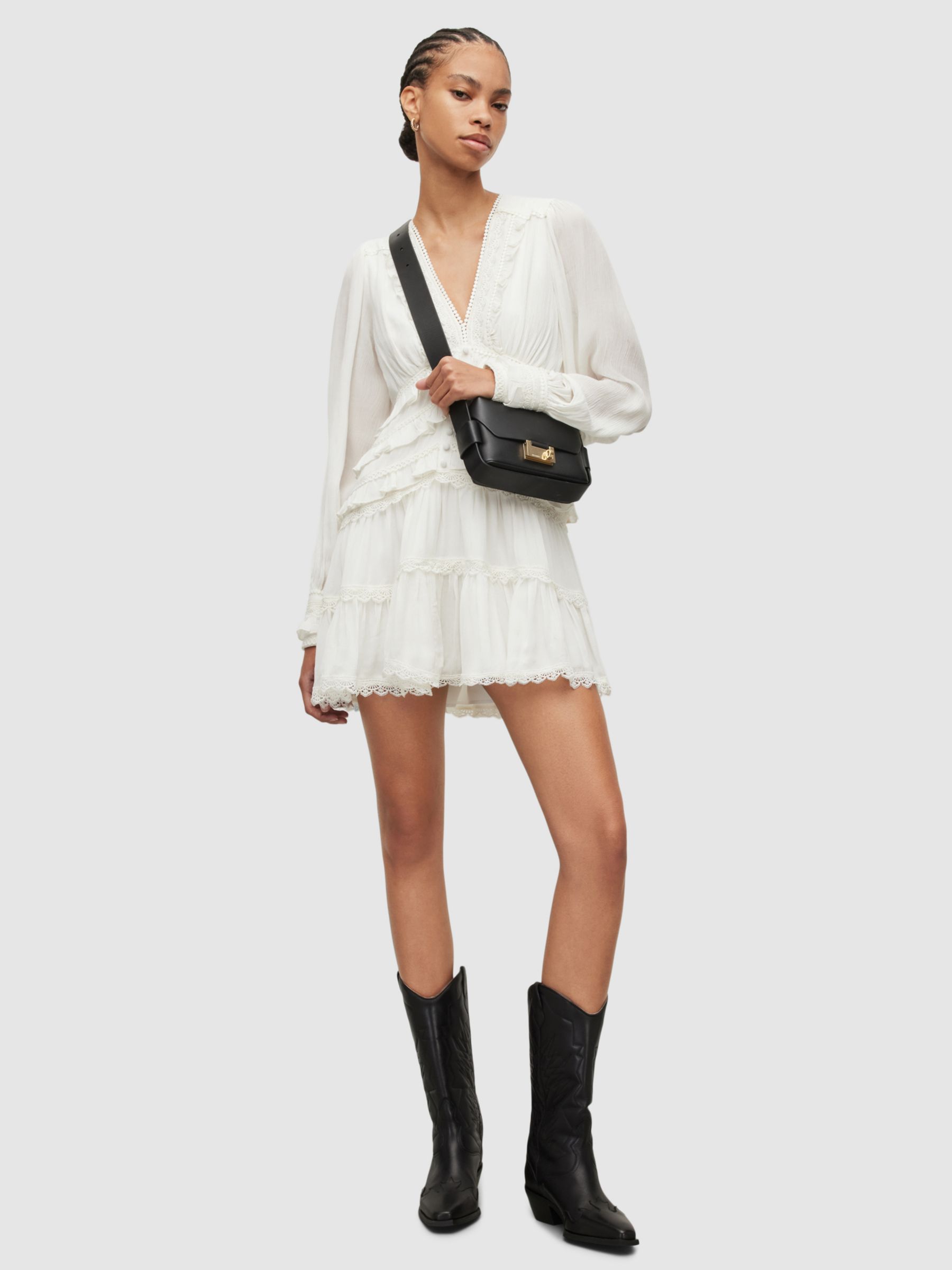 AllSaints Zora Frill Trim Mini Dress, Chalk White at John Lewis & Partners