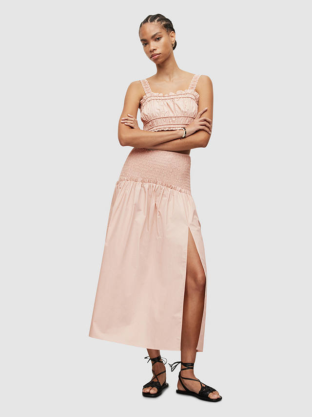 AllSaints Alex Shirred Organic Cotton Skirt, Soft Pink
