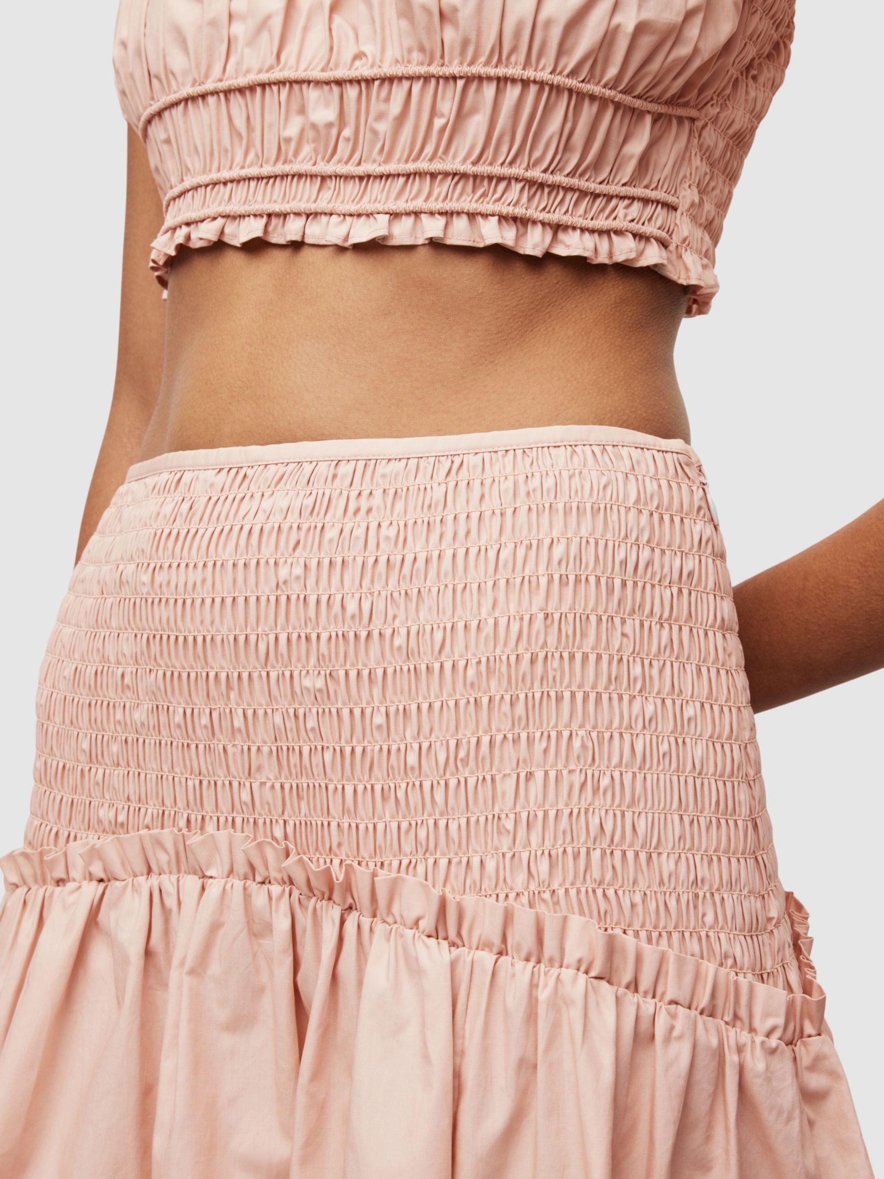 Buy AllSaints Alex Shirred Organic Cotton Skirt, Soft Pink Online at johnlewis.com