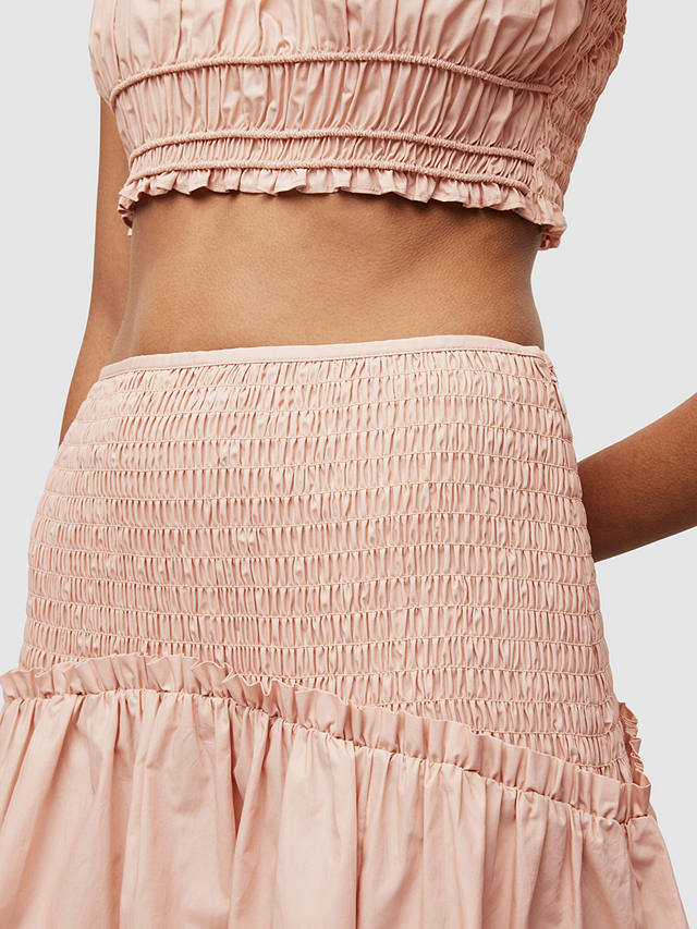 AllSaints Alex Shirred Organic Cotton Skirt, Soft Pink