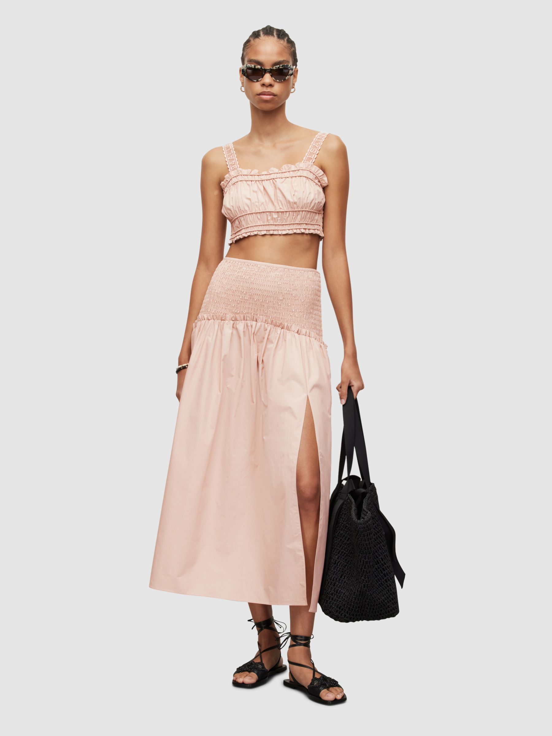 Buy AllSaints Alex Shirred Organic Cotton Skirt, Soft Pink Online at johnlewis.com